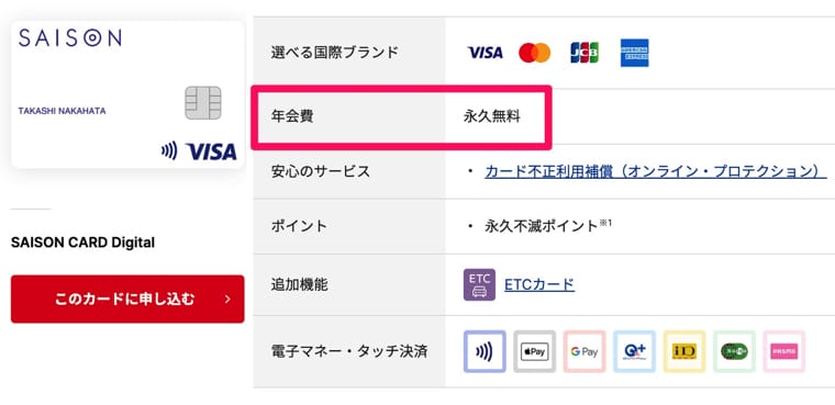 セゾンカードデジタルは年会費永久無料